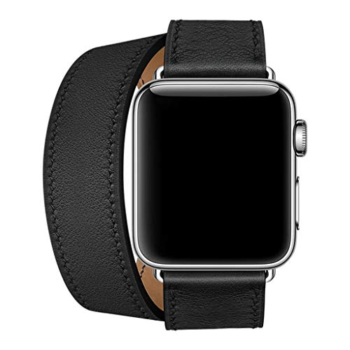 Cywulin Double Tour Band Compatible with Apple Watch 38mm 40mm 42mm 44mm, Genuine Leather Replacement Loop Strap Bracelet for iWatch Series 4 3 2 1 Men Women Stainless Steel Clasp (38mm/40mm, Black)