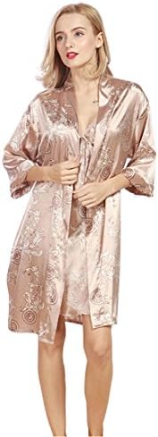 Daiwenwo Women Robe Gown Set Sleepwear Faux Silk Luxurious Ladies Summer Bath Robe Nightdress 2 Pcs Set Female Pajamas (L, WP322-Camel)