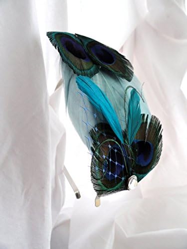 Oh Lucy Handmade Natural Peacock Feather Headband with Russian Veil, Feather Cocktail Fascinator in Cornflower Blue and Russian Veil
