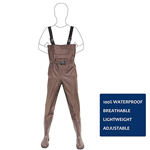 DOMICARE Chest Waders Waterproof Fishing Waders Breathable Hunting Waders 2-Ply Nylon/PVC Material Waders with Boot for Men and Women Brown Size 10