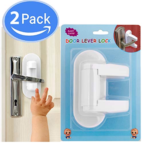 New Door Lever Lock (2 Pack) Child Proof - Baby Safety Locks - Blue/Yellow Packaging - Easy Adhesive (3M) No Tools Needed No Drilling