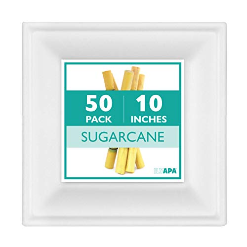 50 Biodegradable Disposable Square Dinner Plates - 10 Inch White Compostable & Microwavable Tree Free Sugarcane Plates, Bulk Set