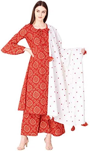 Ortange ReadyMade Women's Cotton Kurta, Palazzo With Printed Dupatta set
