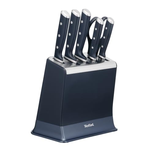 Tefal EverSharp Pro 6-teiliger Messerblock, patentierte Schärftechnologie, selbstschärfend, Verriegelungssystem, deutscher rostfreier Edelstahl, für Gemüse, Fleisch & Brot, Blau, K297S744