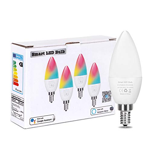 Smart LED Light Bulb E12 Candelabra Bulb WiFi Color Changing LED Bulbs, Dimmable Ceiling Fan Light 40W Equivalent, Smart Chandelier Lighting Work with Alexa Google Home for Home Room Decor (4 Pack)