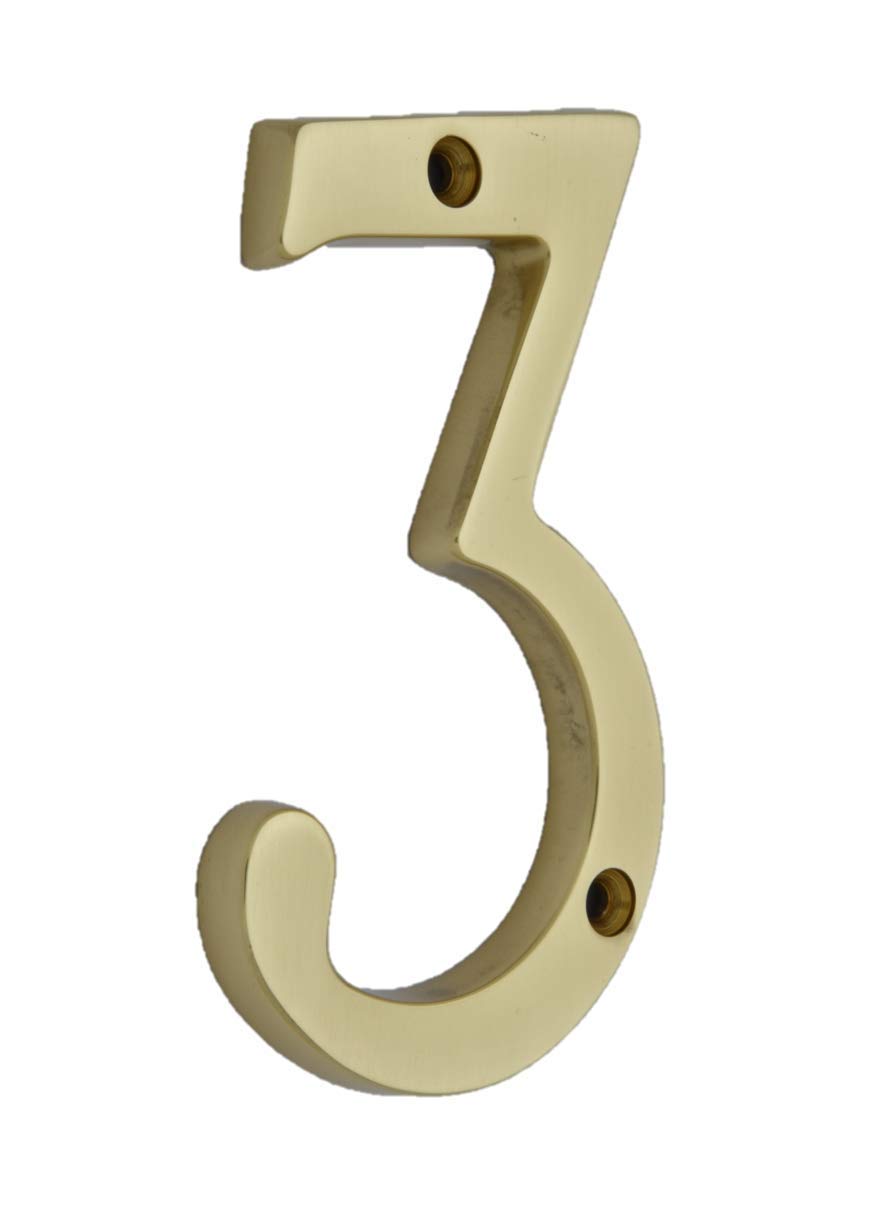 QCAA Traditional Heavy Solid Brass House Number 3, 4", Polished Brass Lacquered, 1 Pack, Made in Taiwan