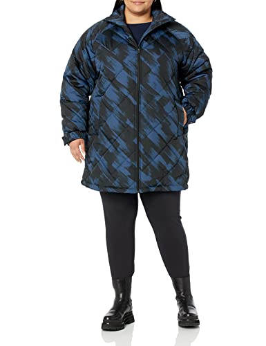 AMAZON ESSENTIALS WOMEN’S RELAXED-FIT RECYCLED POLYESTER MID LENGTH PUFFER COAT (AVAILABLE IN PLUS SIZE) (PREVIOUSLY AMAZON AWARE), DEEP BLUE BRUSH STROKE, X-LARGE