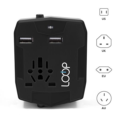 LOOP World Travel Adapter, Worldwide [US UK EU AU/CN] Charger with 3000mAh Power Bank, Dual Smart Power USB Charging Ports & Universal AC Socket - Safety Fused (Black)