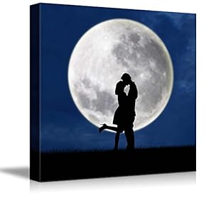 Canvas Prints Wall Art - Romantic Silhouette of Couple Kissing Under Full Moon | Modern Wall Decor/Home Decoration Stretched Gallery Canvas Wrap Giclee Print & Ready to Hang - 12" x 12"