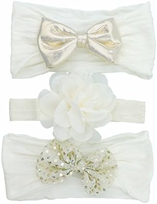Baby Boy and Girl Headbands - Flower and Bow-knot Headband for Newborn | Toddler | Childrens - Soft Elastic Design Set of 3 (Beige)