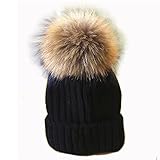 Valpeak Womens Winter Fur hats Real Large Detachable Raccoon Fur Pom Pom Beanie Hat