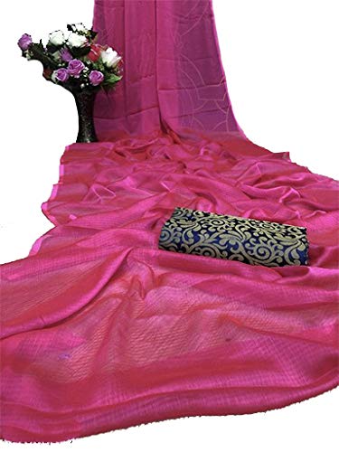 Women Fancy Zara Silk Saree With Printed Blouse Peice (Pink)