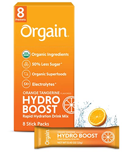 ORGAIN ORGANIC HYDRATION PACKETS, ELECTROLYTES POWDER – ORANGE TANGERINE HYDRO BOOST WITH SUPERFOODS, VEGAN, GLUTEN-FREE, NO SOY INGREDIENTS, NON-GMO, LESS SUGAR THAN SPORTS DRINKS, 8 COUNT