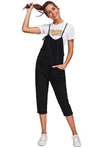 Romwe Women's Cute Self Tie Spaghetti Strap Pinafore Romper Jumpsuit with Pockets Black L