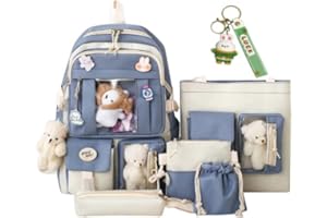 AIDISEN Kawaii Backpack 5pcs Set 17in Aesthetic sports bag with Cute Backpack, Shoulder Bag, Pencil Box, Tote Bag, Small Bag (Blue backpack)