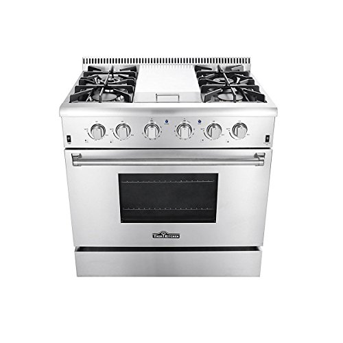 Thor Kitchen HRG3617U 36 in. Freestanding Professional Style Gas Range with 5.2 Cu. Ft. Oven, 4 Burners, Griddle, Convection Fan, Cast Iron Grates, & Blue Porcelain Oven Interior, In Stainless Steel