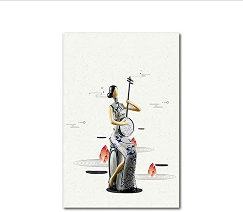 Djkaa Chinese Style Abstract Woman Playing Music Wall Art Canvas Art Painting Modern Home Decoration Wall Pictures for Living Room(with Frame)