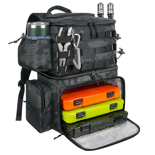MATEIN Angelrucksack, große Kapazität, wasserabweisend, Angeltasche mit Kühlfach und 4 Rutenhaltern, Aufbewahrungsstange, Köder, Zangen, Organizer, Ou