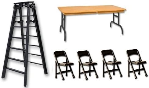 6 Black Folding Ladder, Brown Wood Effect Breakaway Table &amp; 4 Chairs - Wrestling Figure Accessories (WWE/TNA) by The Wrestling Stall