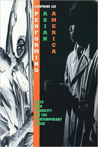 The cover of Performing Asian American. The text runs vertically down the middle of the page, with black and white images of Asian performs on either side. 