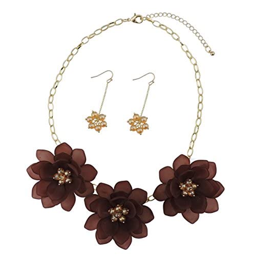 BOCAR Flower Pendant Statement Bib Necklace and Earrings Brown Jewelry Set for Women Gift (NK-10372-hot chocolate)