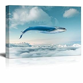 Funny Flying Animals Canvas Wall Art - Whale Flying Above The Clouds - Gallery Wrap Nursery Wall Decoration/Kids