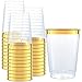 Gold Plastic Clear Cups ~14 oz. 50 Pack ~ Disposable Party Cups with Gold Rim ~ Fancy Wedding Tumblers ~ Elegant Party Supplies & Decorations ~ Gold Rimmed Cup