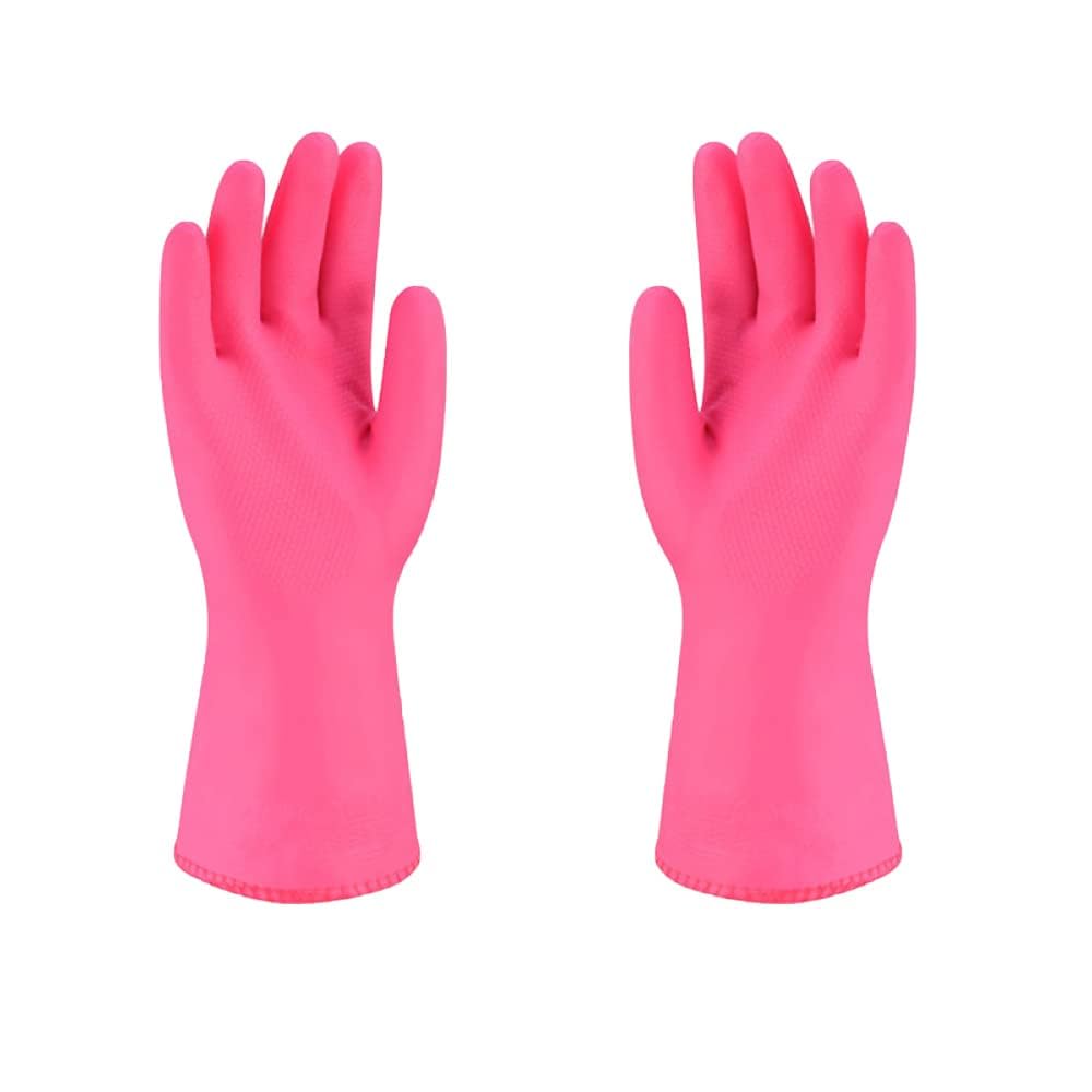 Household Rubber Gloves, Oil-Proof Long Sleeve Cotton Lined Protection Gloves for Cleaning, Washing and Working (Pink)