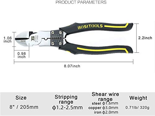 BOSI 8” / 205mm Seitenschneider, präzises Schneiden bis Ø 3,0 mm, Abisolier/Crimper/Schneide/Klemmung funktion Diagonal… – Bild 5