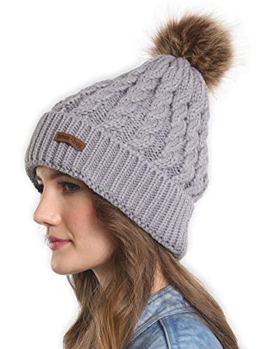 Faux Fur Pom Pom Beanie for Women - Warm & Cute Cable Knit Winter Hats - Thick, Chunky & Soft Stretch Knitted Caps for Cold Weather - Stylish & Trendy Snow Beanies for Ladies