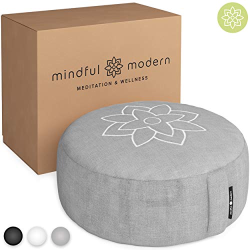 Mindful and Modern Large Meditation Pillow Cushion – Zafu Yoga Bolster Pillow for Best Posture – Buckwheat Hull Filled Round Cushion with Removable Cover + Carry Handle (Slate Grey)