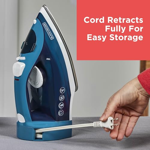 BLACK+DECKER Steam Iron for Clothes with Retractable Cord, Vertical Steaming, Anti-Drip Design, Spray Mist and Auto Clean Button, 1200W