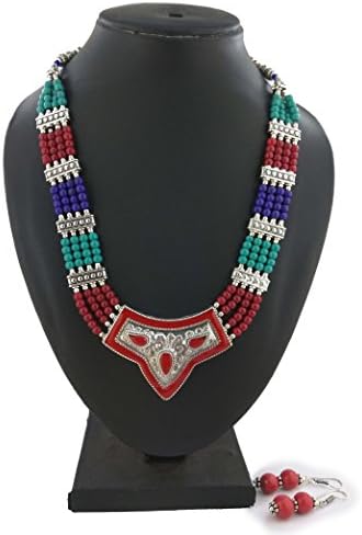 Handmade Oxidized Color Beads Necklace with Turquoise, Red,Blue Combination with Matching Earrings for Girls/Womens