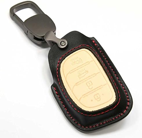 Hyundai Smart key Genuine Leather Case Metal Hook Holder and Fit for Key Fob Sonata Tucson i40 Ioniq (TUCSON, Black)