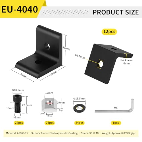 SUPAWAY Set of 12 Fixing for Aluminium Profiles 40 x 40, 40 x 80 Slot 8 – Corner Connectors with Screw and Allen Key for Aluminium Profiles, Reinforcements (Black – 4040)