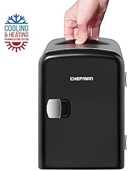 Chefman Mini Portable Compact Personal Fridge, Cools & Heats, 4 Liter Capacity, Chills 6 12oz cans, 100% Freon-Free & Eco Friendly, Includes Plugs for Home Outlet & 12V Car Charger - Black