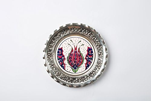 Turkish Handmade Decorative Silver Coated Copper Plate with Ottoman Motifs Decorated Ceramic Tile