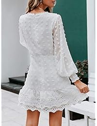 Mini vestido de gasa de encaje elegante para mujer de MsLure Vestido de fiesta con dobladillo con volantes y manga de linterna