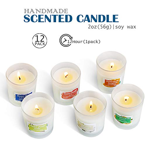 HELLY Soy Candle Strong Scented Candles - Aromatherapy Candles Long Lasting Candles White Frosted Glass Jar Candle (Lemon, Lavender, Rose ï¼ŒJasmineï¼ŒVanillaï¼ŒBergamot) -12 Pack
