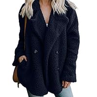 irene inevent Women Oversized Lapel Coat Open Front Fuzzy Cardigan Jacket Shaggy Fleece Button Down Casual Outwear (L, Navy)