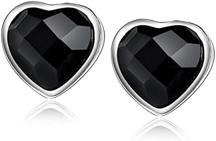 925 Sterling Silver Black Heart Shape Agate Stud Earrings (Size: 7mm)