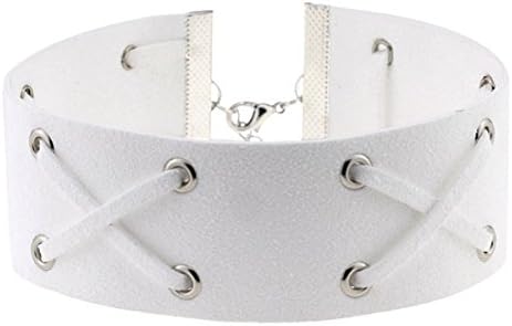 Women White Wide Velvet Ribbon Chunky Choker Lace-Up Neck Chain Collar White Harness Necklace