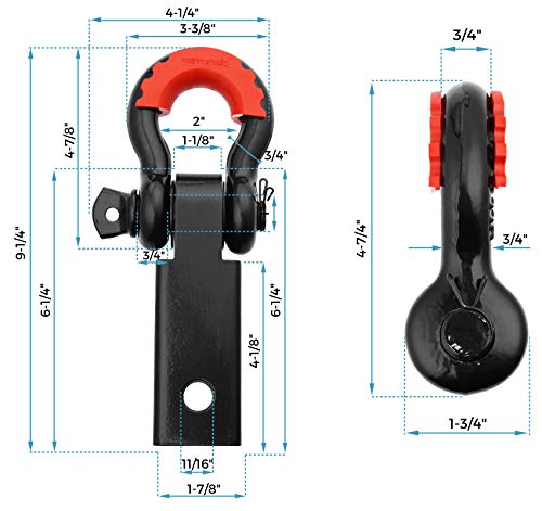 motormic Shackle Hitch Receiver 2" (35,000 lbs Max Capacity) with 3/4" D Ring and 7/8" Screw Pin Safety Ring - Includes 1 Black Bent Pin, 4 Rubber Washers and 1 Red Isolator