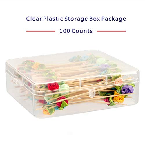 Rose Flower Appetizer Skewers Cocktail Picks Long Bamboo Toothpicks in Clear Storage Box Wedding Valentines Day Single Bachelorette Party Food Drinks Desserts Fruits Decor 4.7" 100 Counts-MSL119