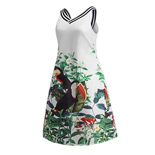 Sagton Women A-Line Flare Tank Mini Dress V Neck Floral Bird Print Cocktail Sundress White
