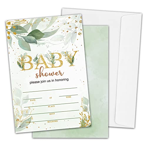HEZNZXQ Baby Shower Invitations, Gold Greenery Fill-in Invites for Baby Shower, Baby Shower Decorations for Boys or Girls, Greenery Gender Reveal Party Invitations (25 Invitations and Envelopes)-A04