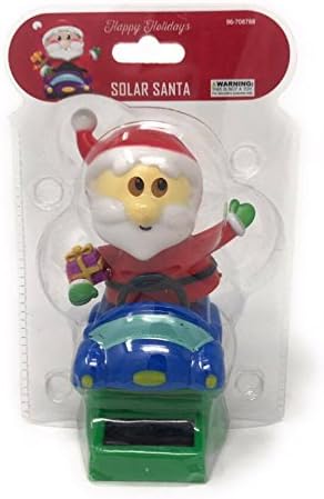 Happy Holidays Solar Powered Dancing Santa Holding Gift Box in Blue Car.
