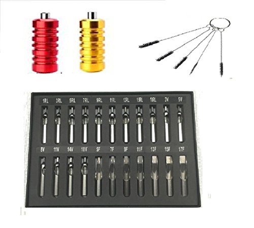 22pcs Tattoo Stainless Steel Tattoo Tip 5pcs Tip Cleaning Brushes 2pcs Chromatic Aluminum-Alloy Grip Tool Set