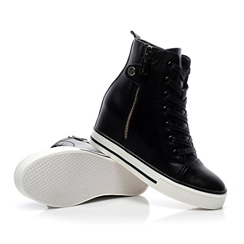 mewow Womens Casual High Top Wedge Hidden Heel Leather Shoes Fashion Sport Sneaker (6.5, Black)