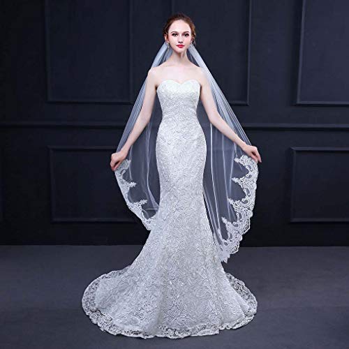 Yalice Women's Lace Appliqued Bride Wedding Veil 1 Tier Long Knee Length Bridal Veils Soft Tulle Hair Accessories (Ivory) - Thumbnail 2